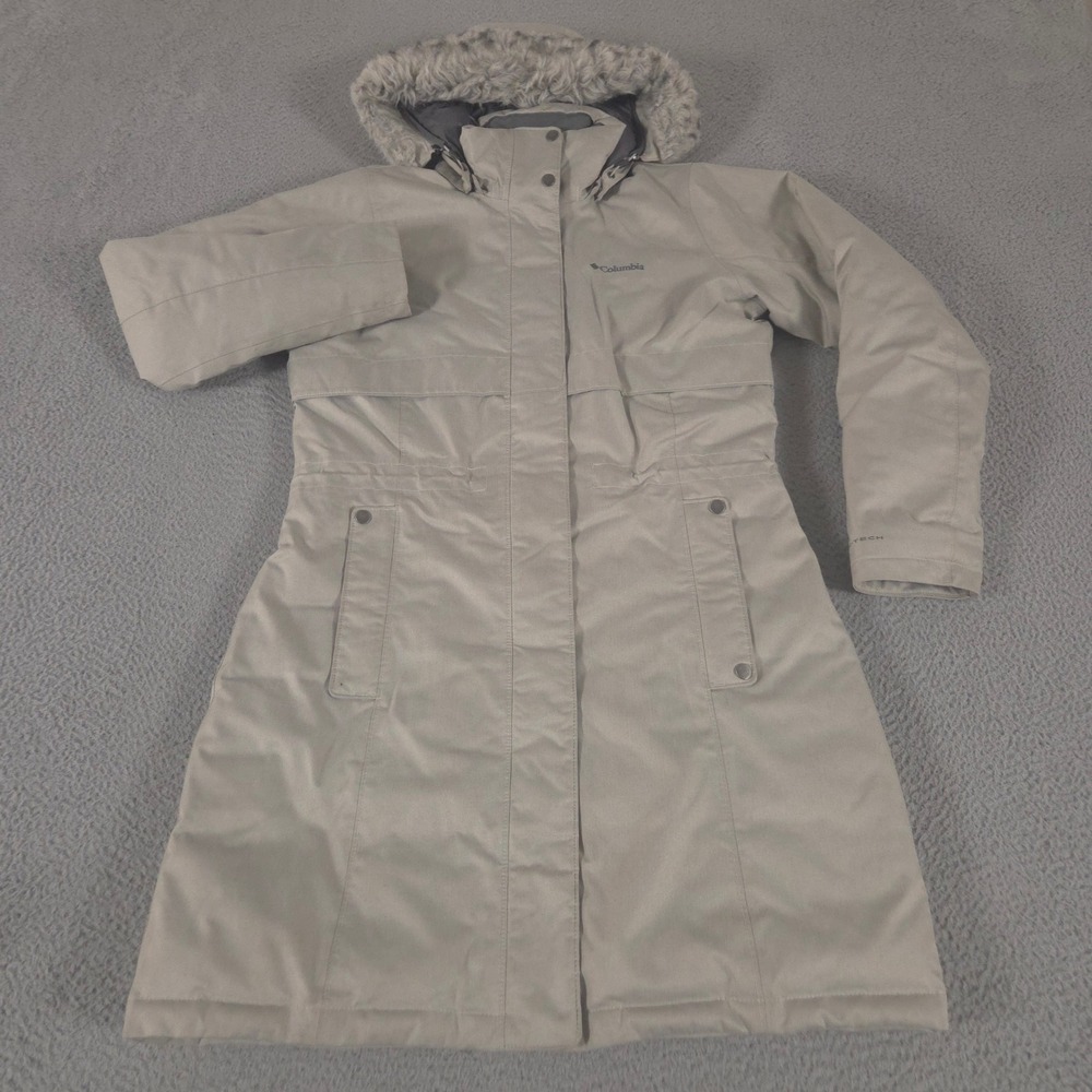 Columbia Jacket Womens L Tan Apres Arson Winter Long Down Faux Fur Hood Parka
